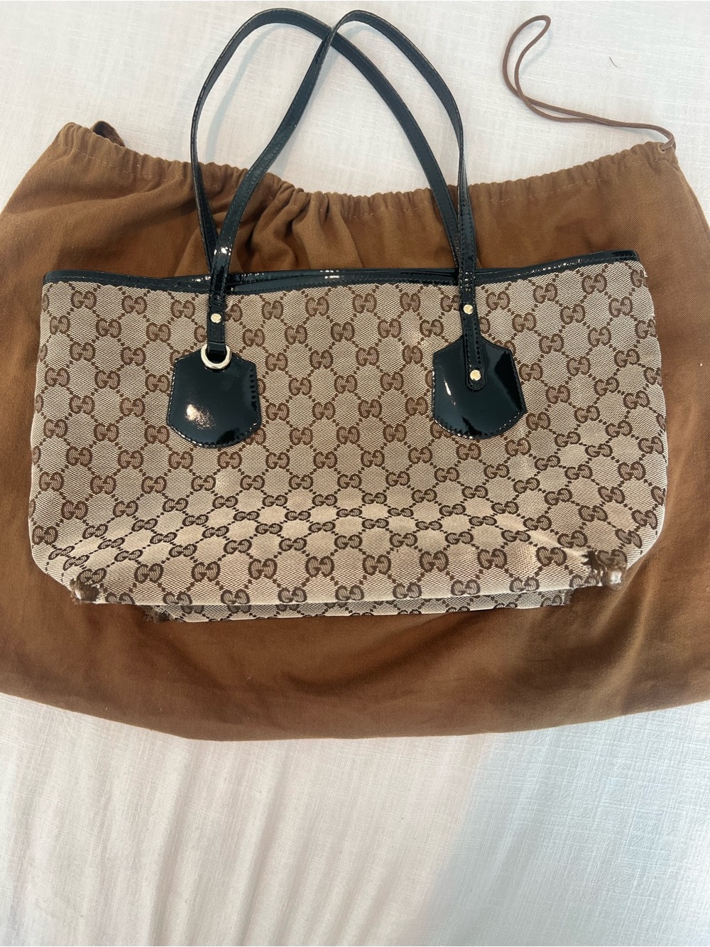 Gucci Beige GG Canvas Tote with Black Patent Leather Handles